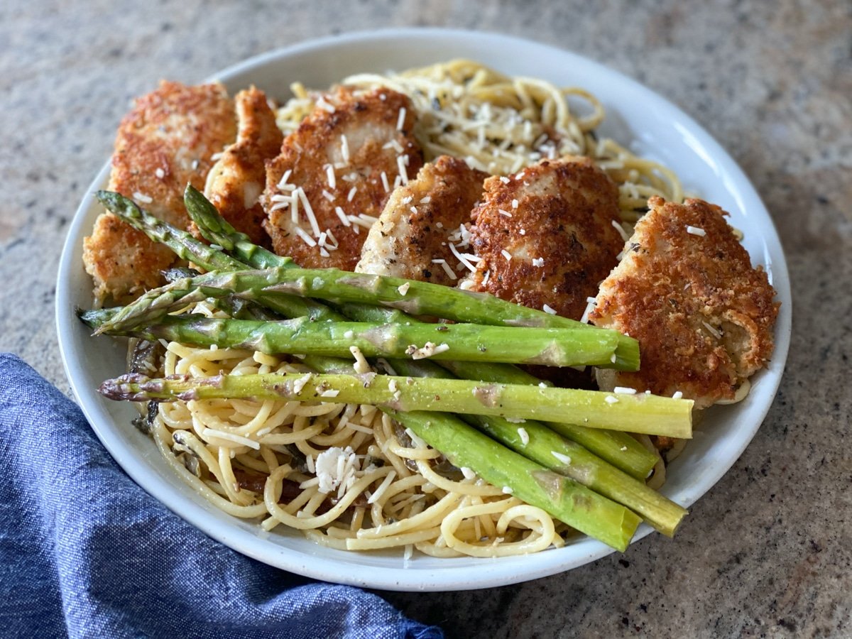 cooked sous vide asparagus pasta dish