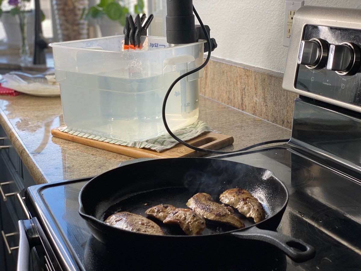 sous vide chicken tender breasts finished with cast iron skillet