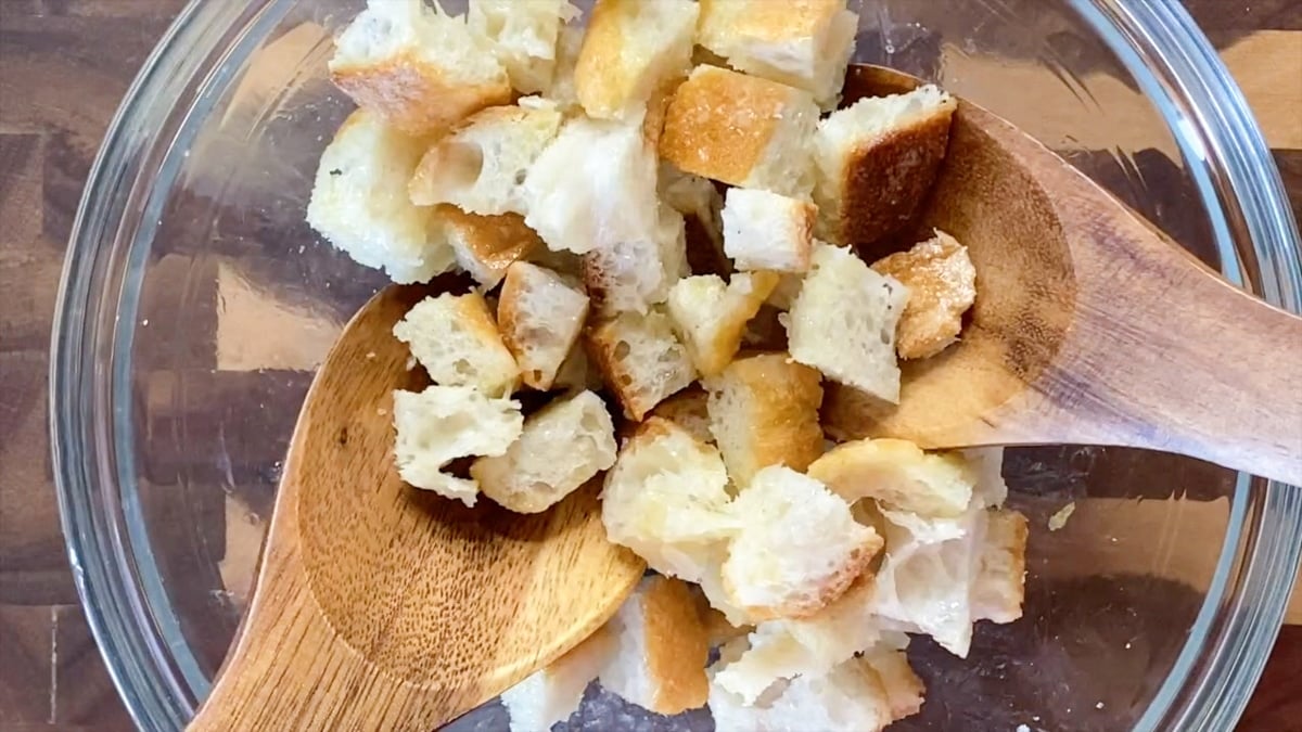 closeup of croutons with butter and salt