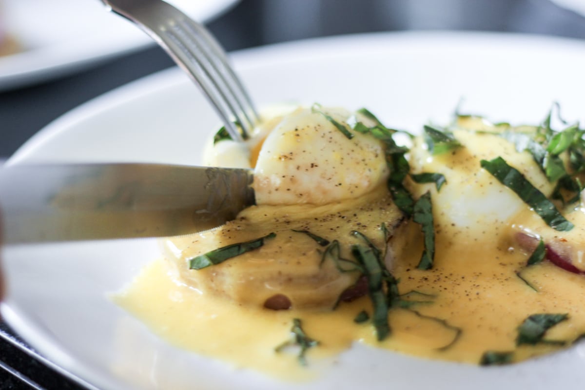 cutting sous vide eggs with a fork