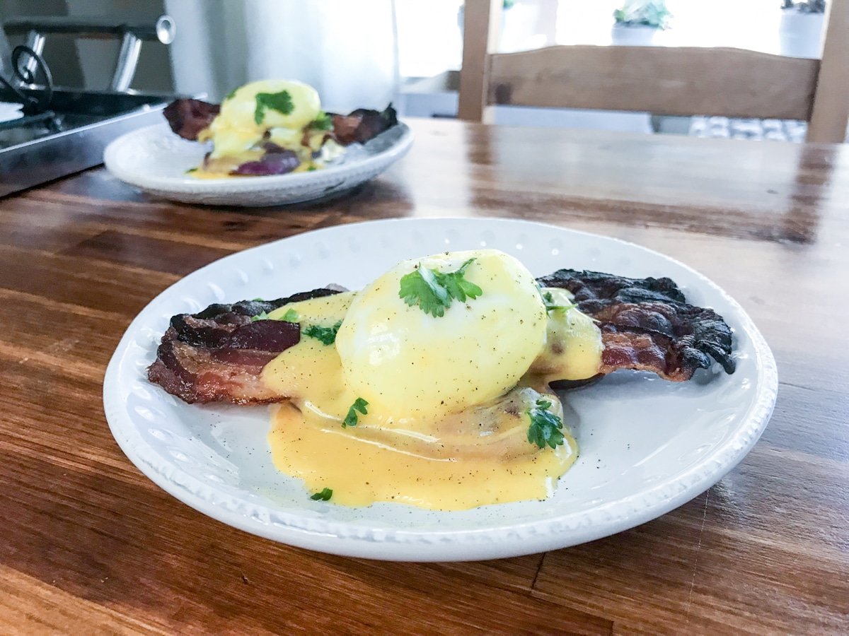 sous vide poached eggs with overnight sous vide bacon plated for a sous vide brunch