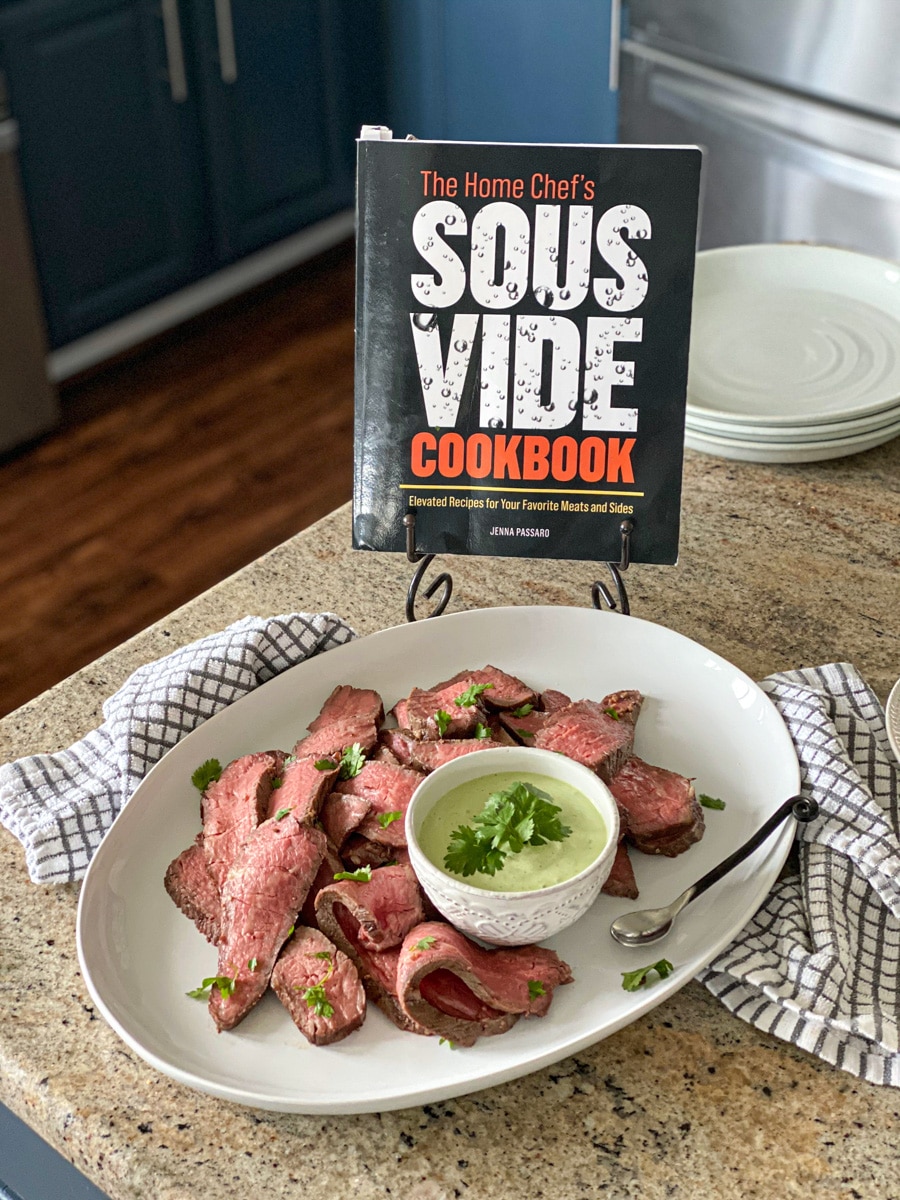 sous vide trip tip with sauce and The Home Chef's Sous Vide Cookbook