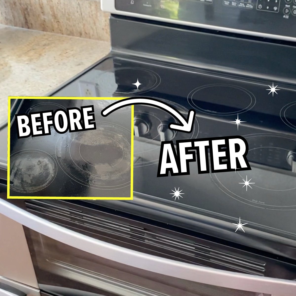 Before and after photos showing dirty then clean flat glass stovetop.