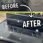 Before and after photos showing dirty then clean flat glass stovetop.