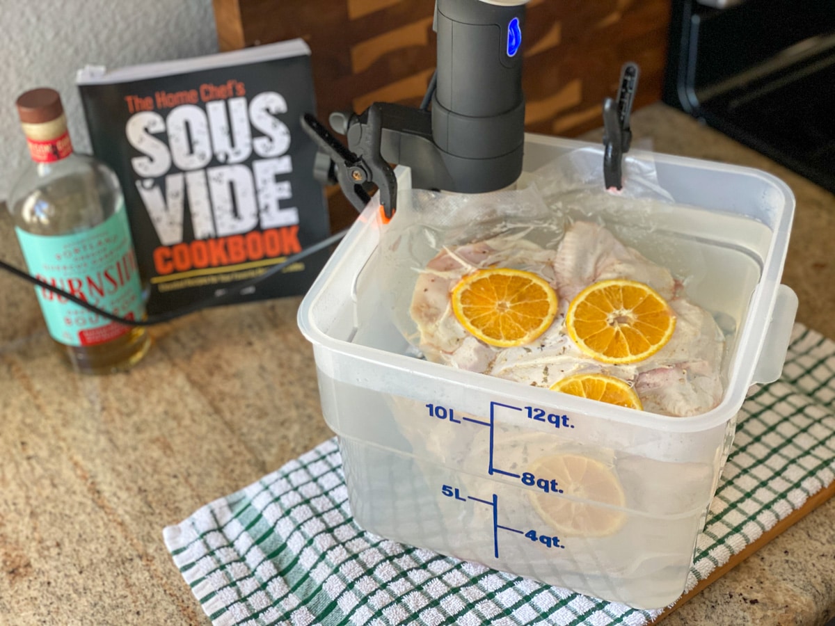 sous vide whole chicken cooked at the perfect temp with The Home Chef's Sous Vide Cookbook
