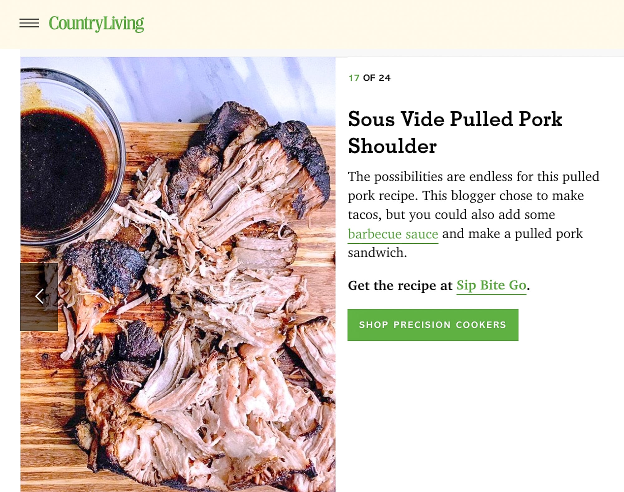 sous vide pulled pork shoulder recipe featured on Country Living