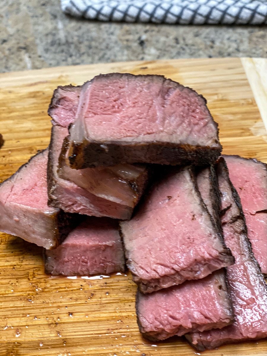 sliced ny strip sous vide steak