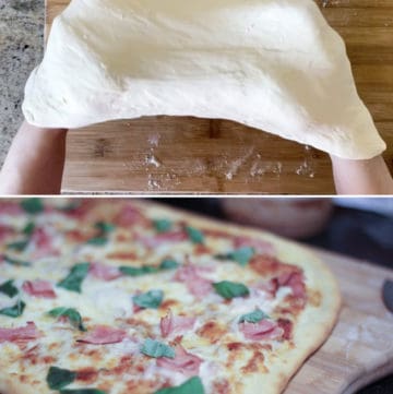 image of steps to make pizza including stretching dough and baking pizza