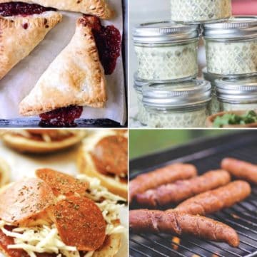 4 photo grid: top left is raspberry turnovers, top right is sous vide egg bites in mason jars, bottom left is mini pizzas and bottom right is hot dogs on a grill