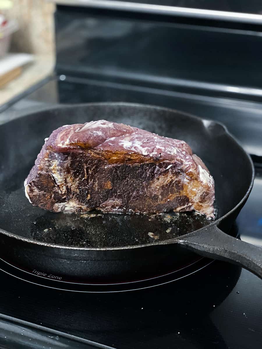 searing edges of sous vide steak with a mayo crust
