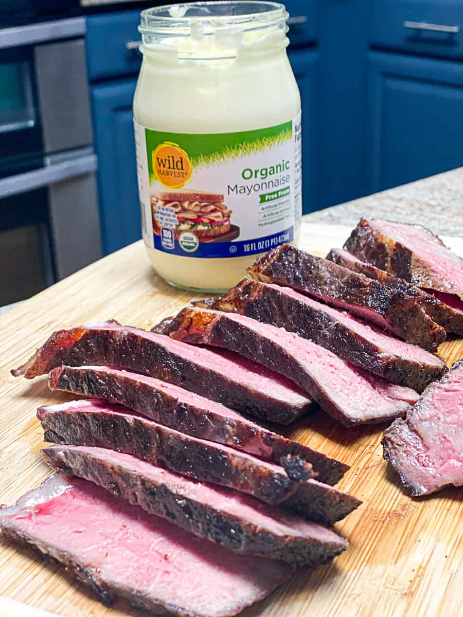 mayo sear finished sous vide ny strip steak sliced with wild harvest mayo