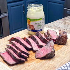 mayo seared sous vide steak with wild harvest brand jar of mayonnaise