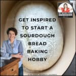 title text overlay with unbaked bread in a dutch oven with a women leaning on a counter and podcast logo