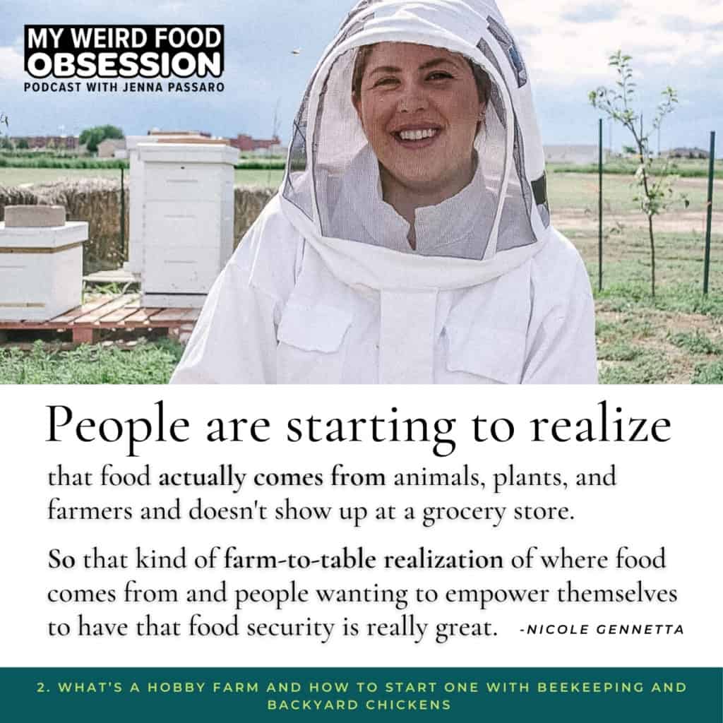 woman smiling in bee keeper outfit with beehive boxes in the background and quote underneath her