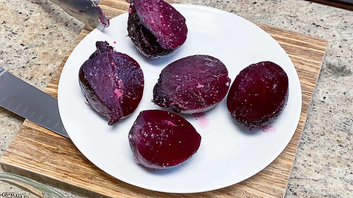 top down shot of cooked sous vide beets with salt