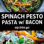 collage of spinach pesto pasta with text overlay