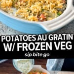 Images of frozen mixed vegetables potatoes au gratin with text overlay.
