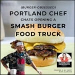 title text overlay with a double stacked burger, man in corner, and podcast logo