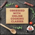 Title text overlay of Obsessed With Hosting Online Cooking Classes" with two knives, a wooden spoon, two cherry tomatoes, and three sprigs of arugula and podcast logo