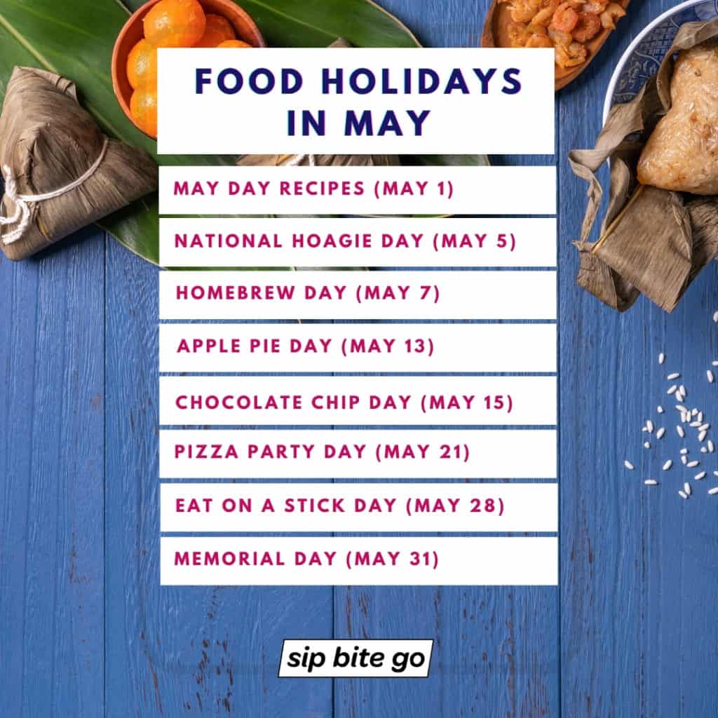 List of May Food Holidays on food themed background image.