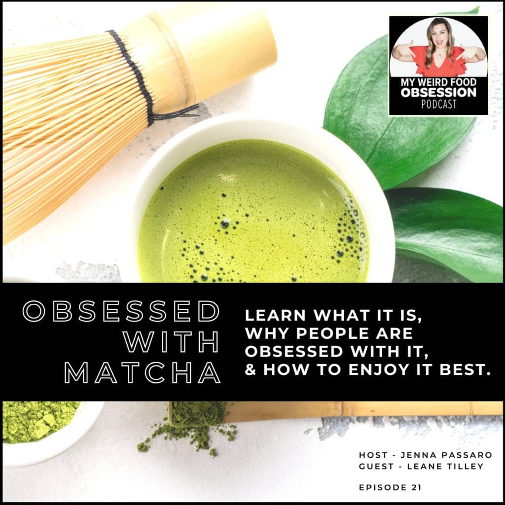 title text overlay with matcha in the background with podcast logo in corner