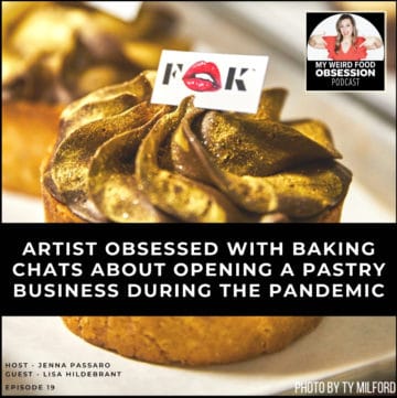 text overlay with title over patisserie with podcast logo in the corner