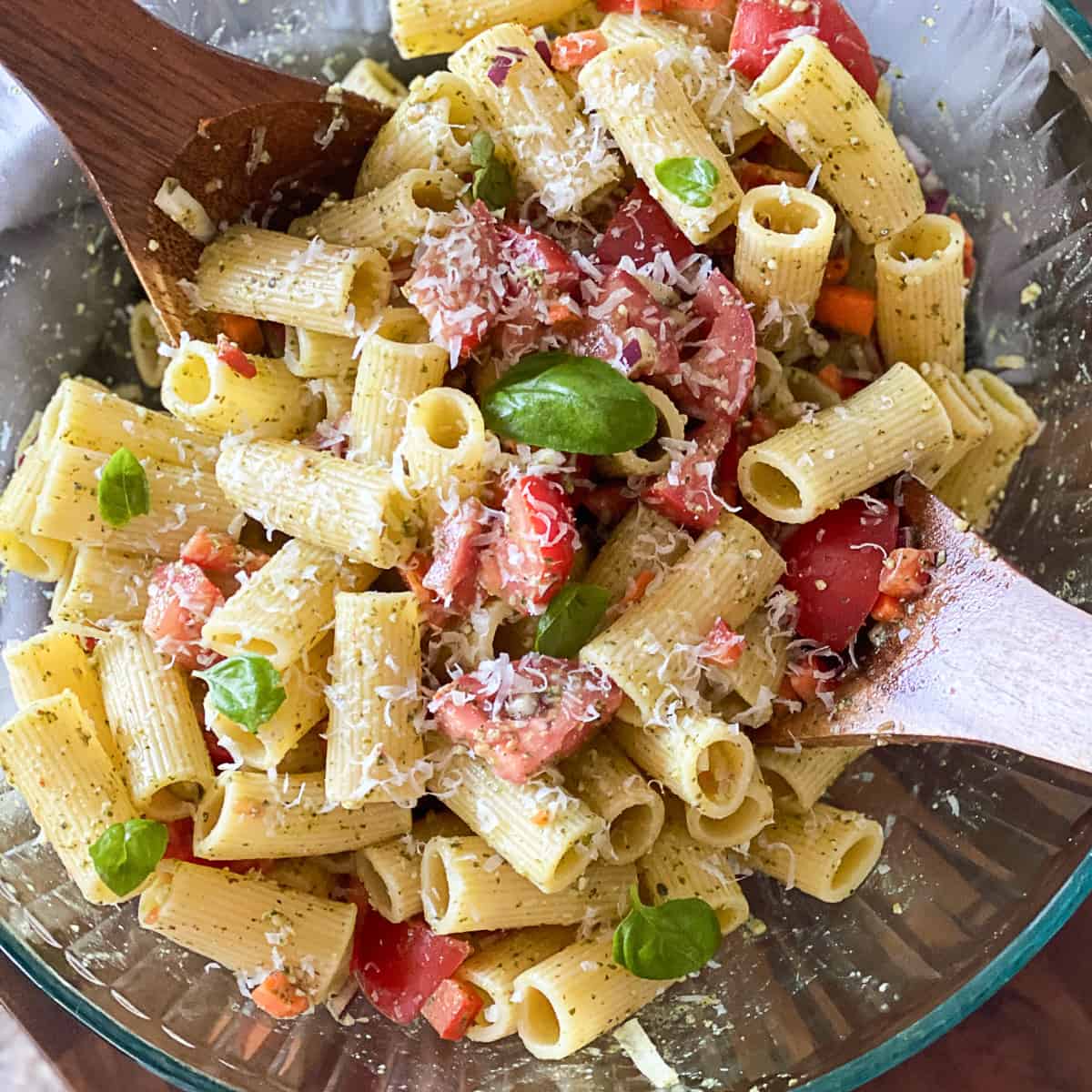 Top down shot of Tomato Pesto Pasta Salad Recipe.