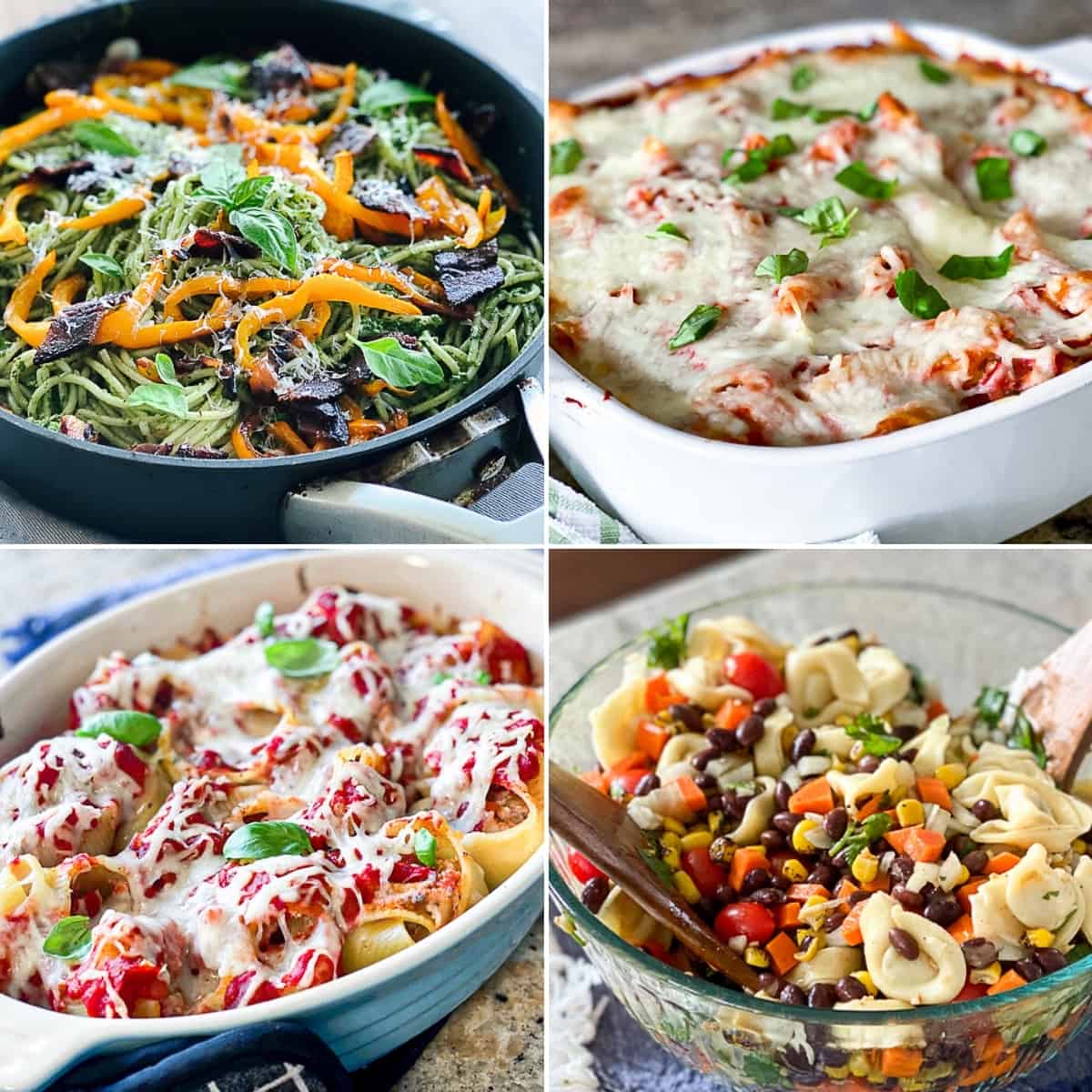 Collage of easy pasta side dish recipe ideas with baked pasta, pesto pasta, and cold pasta salad.