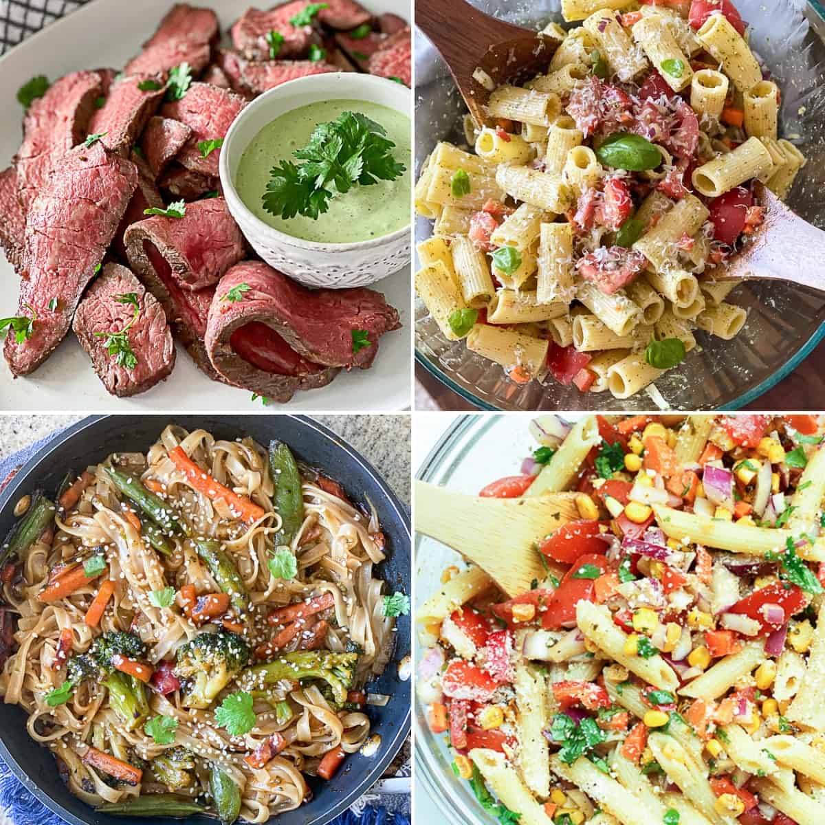 Collage of pasta side dish recipes for steak dinners.