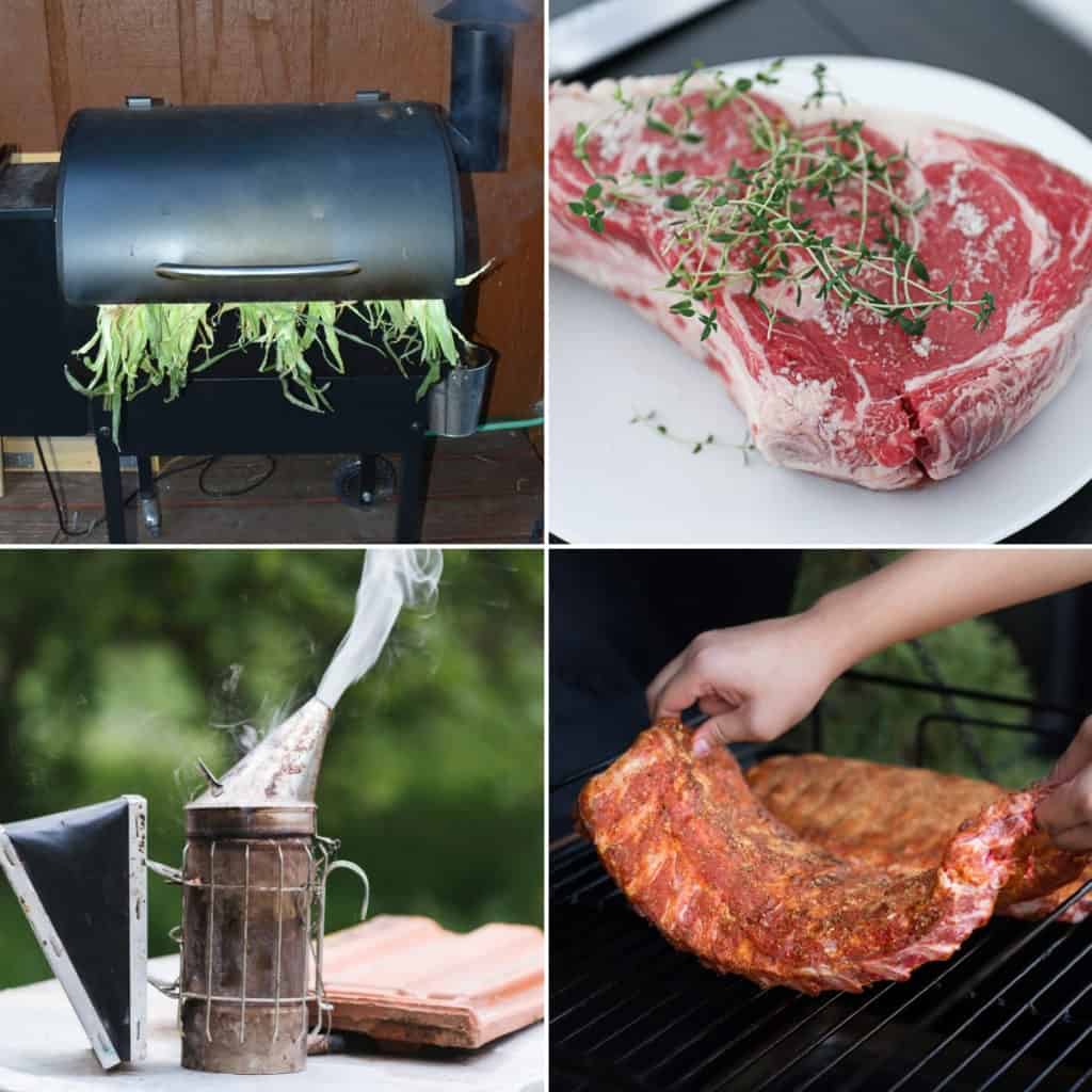 Collage of images of smoking meats with grills and pellet grills and offset smokers.