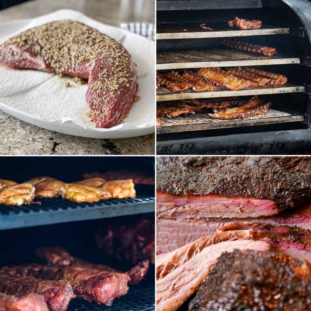 Collage of images of smoked foods including ribs and tri tip steak and brisket on the grill.