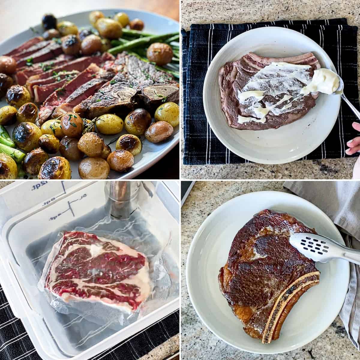 Collage with seasoned sous vide steaks.