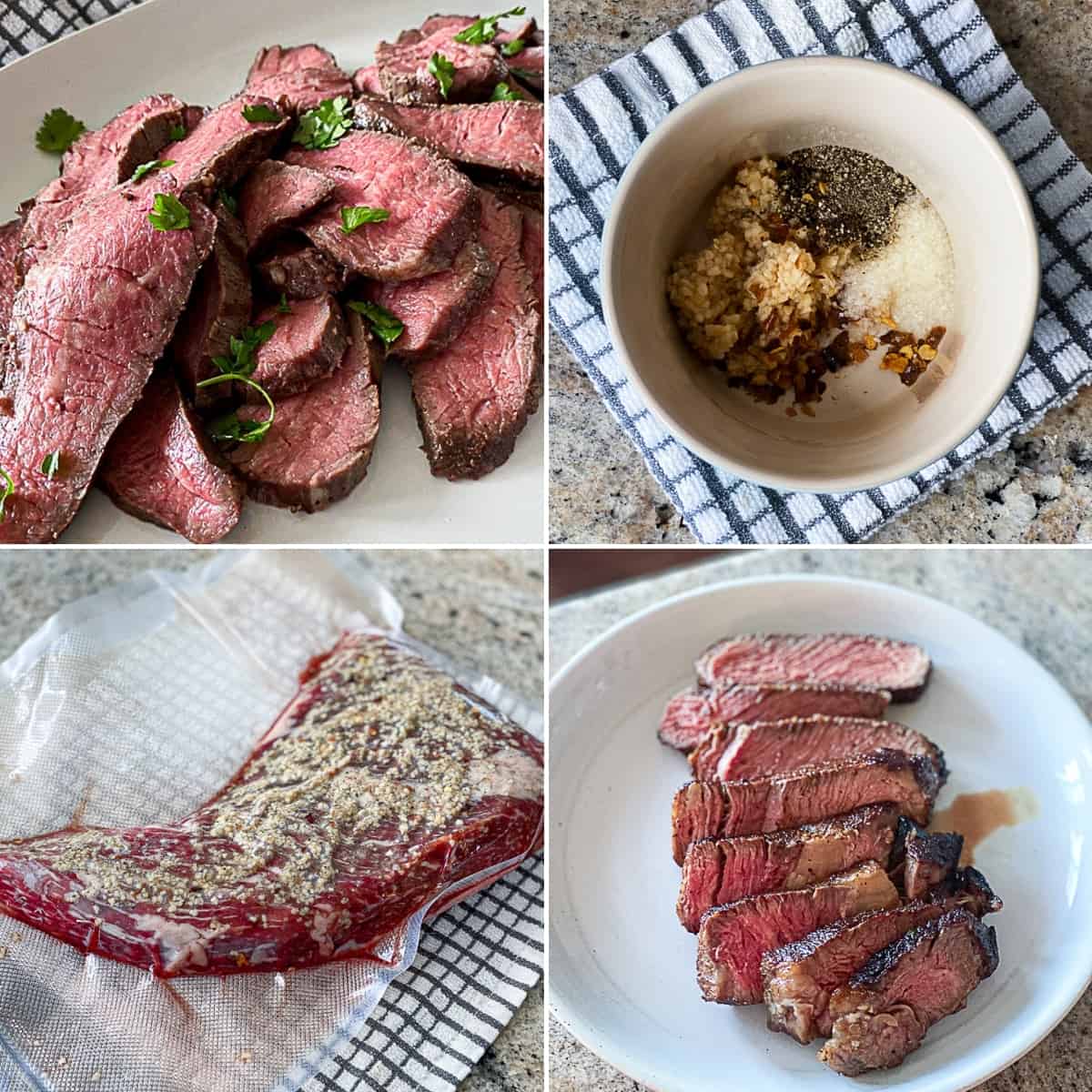 Collage with images of seasoned steak for sous vide cooking.