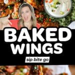 Image collage with text overlay for crispy baked chicken wings with blue cheese dip.