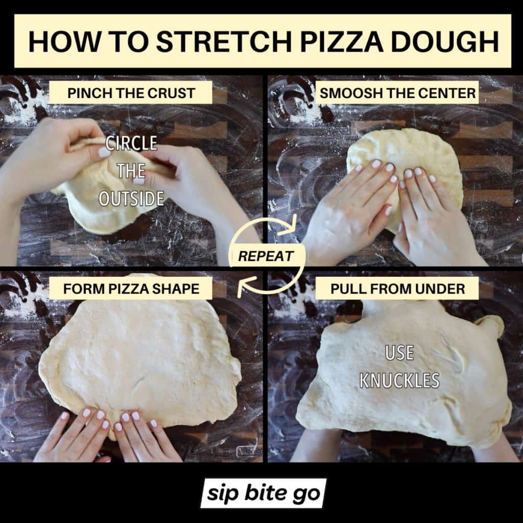 Infographic demonstrating how to stretch homemade pizza dough.