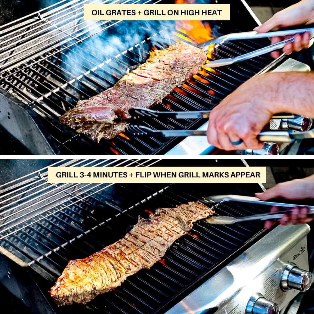 Image chart with text demonstrating how to grill marinated skirt steak on high heat.