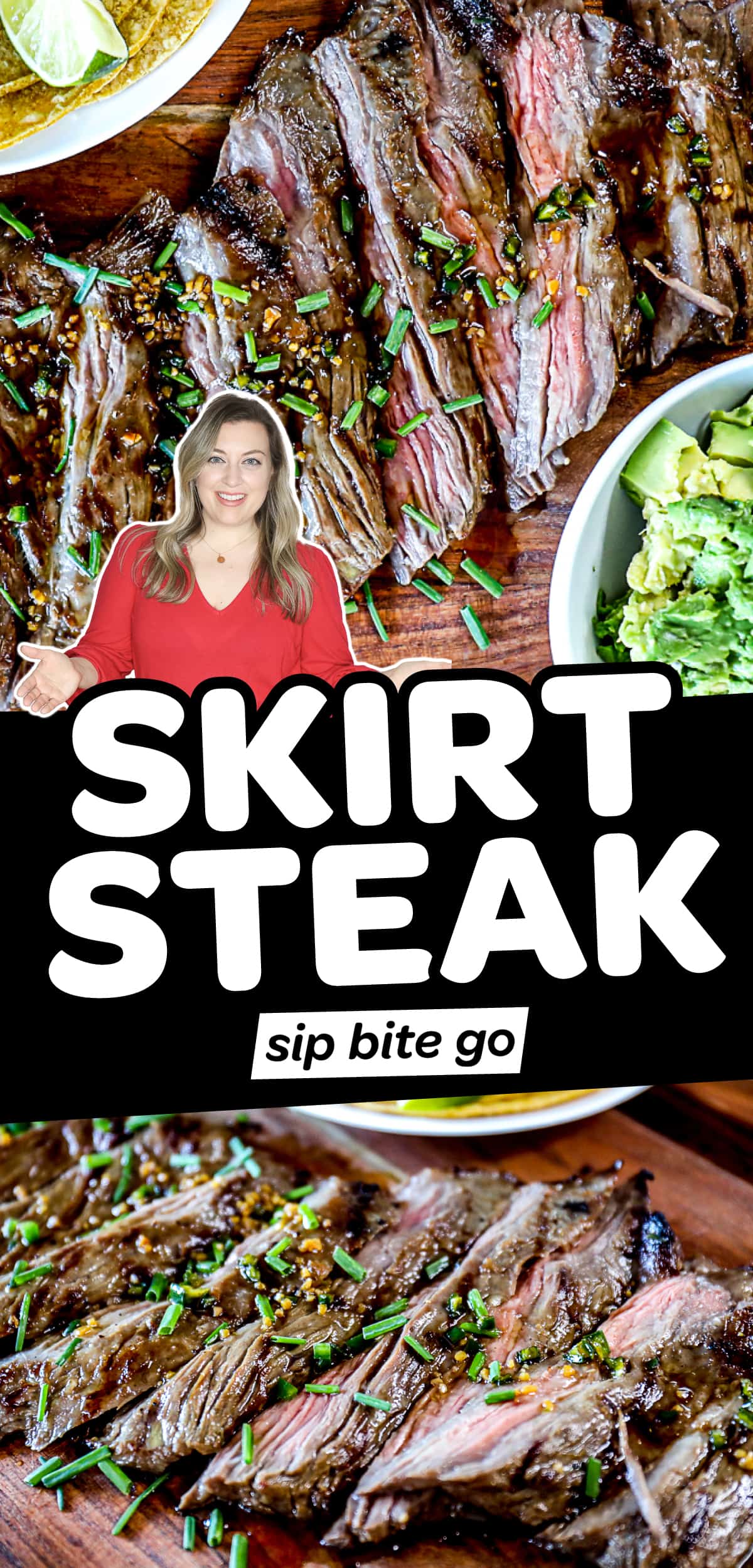 Image graphic with text of Skirt Steak with images of marinated skirt steak.