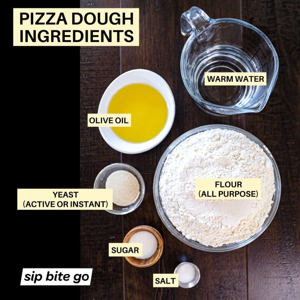 Infographic with homemade pizza dough ingredients with yeast, all purpose flour, sugar, salt, olive oil, and warm water.