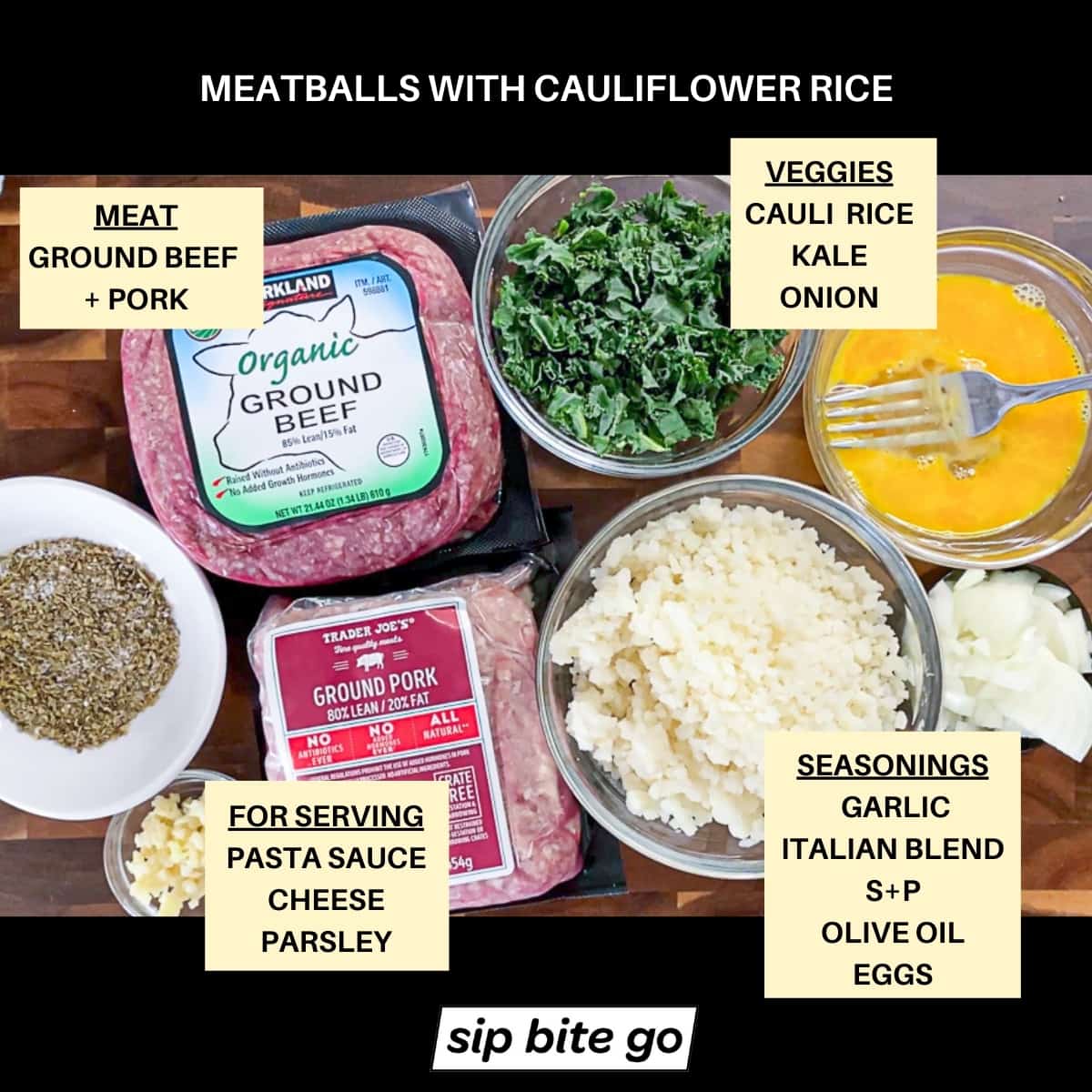 Image with text overlay of ingredients list for meatballs made with cauliflower and ground beef and pork.