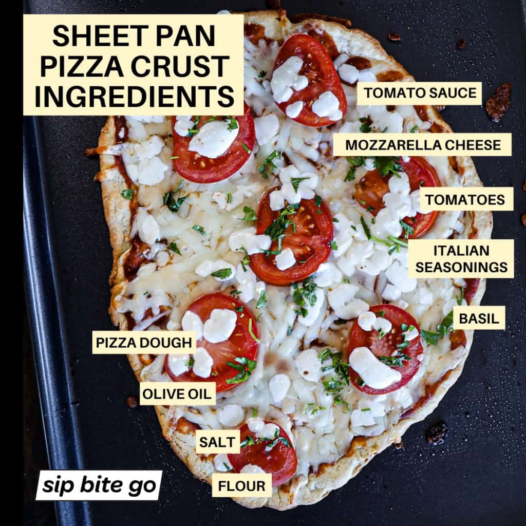 Infographic with text overlay reading "sheet pan pizza crust ingredients" with top down shot of pizza made with homemade pizza dough.