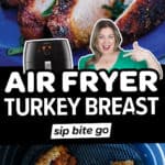 Air fryer turkey breast tenderloin photos with air fry basket and text overlay.