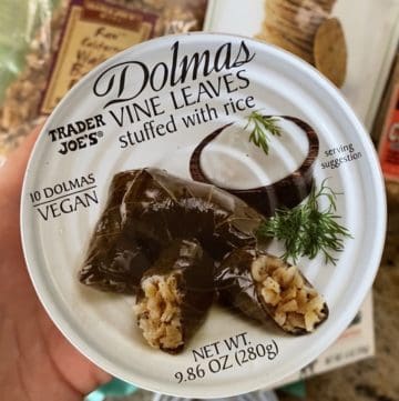 Can of trader joe's dolmas vine leaves stuffed with rice Sip Bite Go