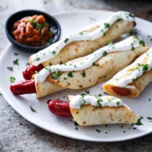 Cheesy Tortilla Hot Dog Recipe closeup shot.