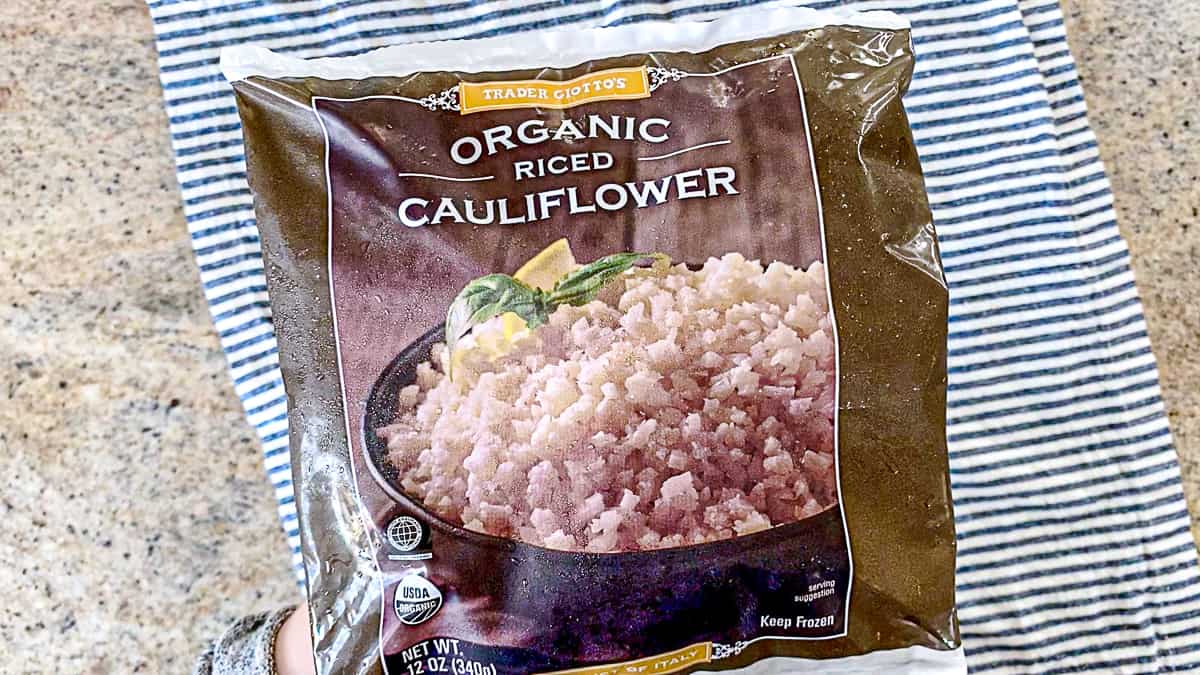 Top down shot of Frozen Trader Joe's Organic Riced Cauliflower bag.