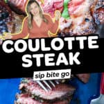 Image collage with text overlay for coulotte steak AKA pacanha steak.