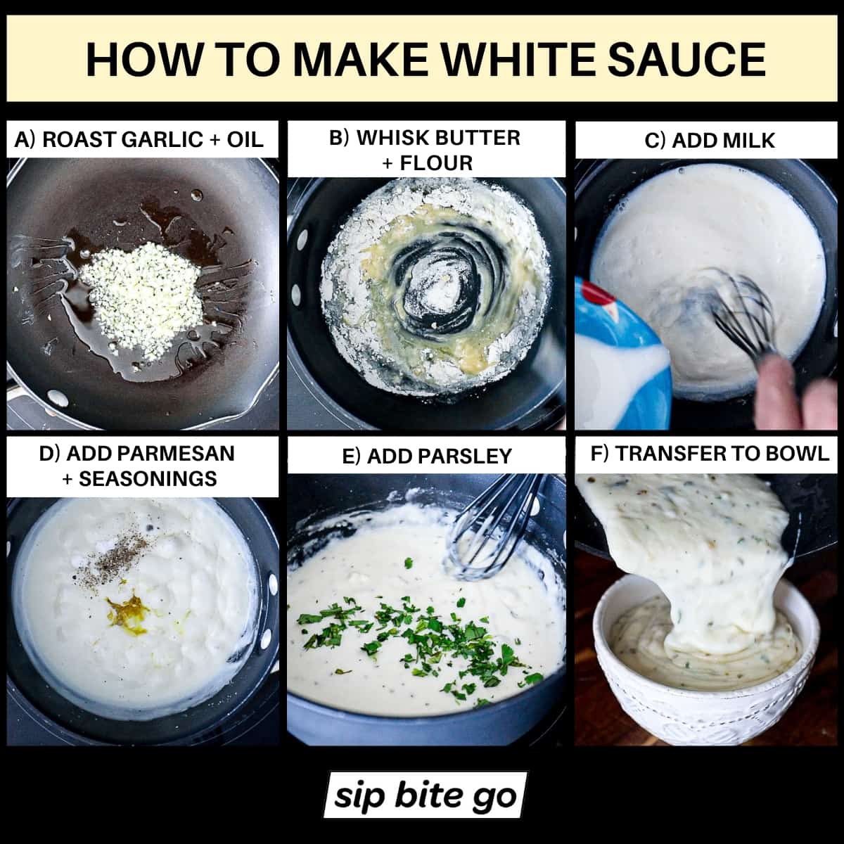 Illustrated steps for making white pizza sauce recipe with garlic and parmesan cheese with captions.