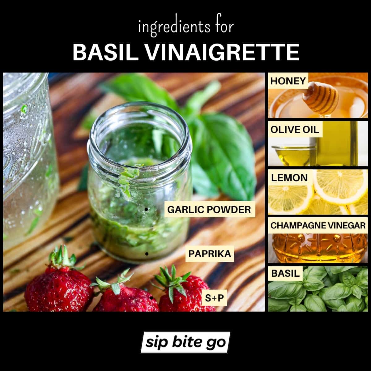 Infographic chart with images of ingredients for strawberry salad dressing with basil and lemon and honey.