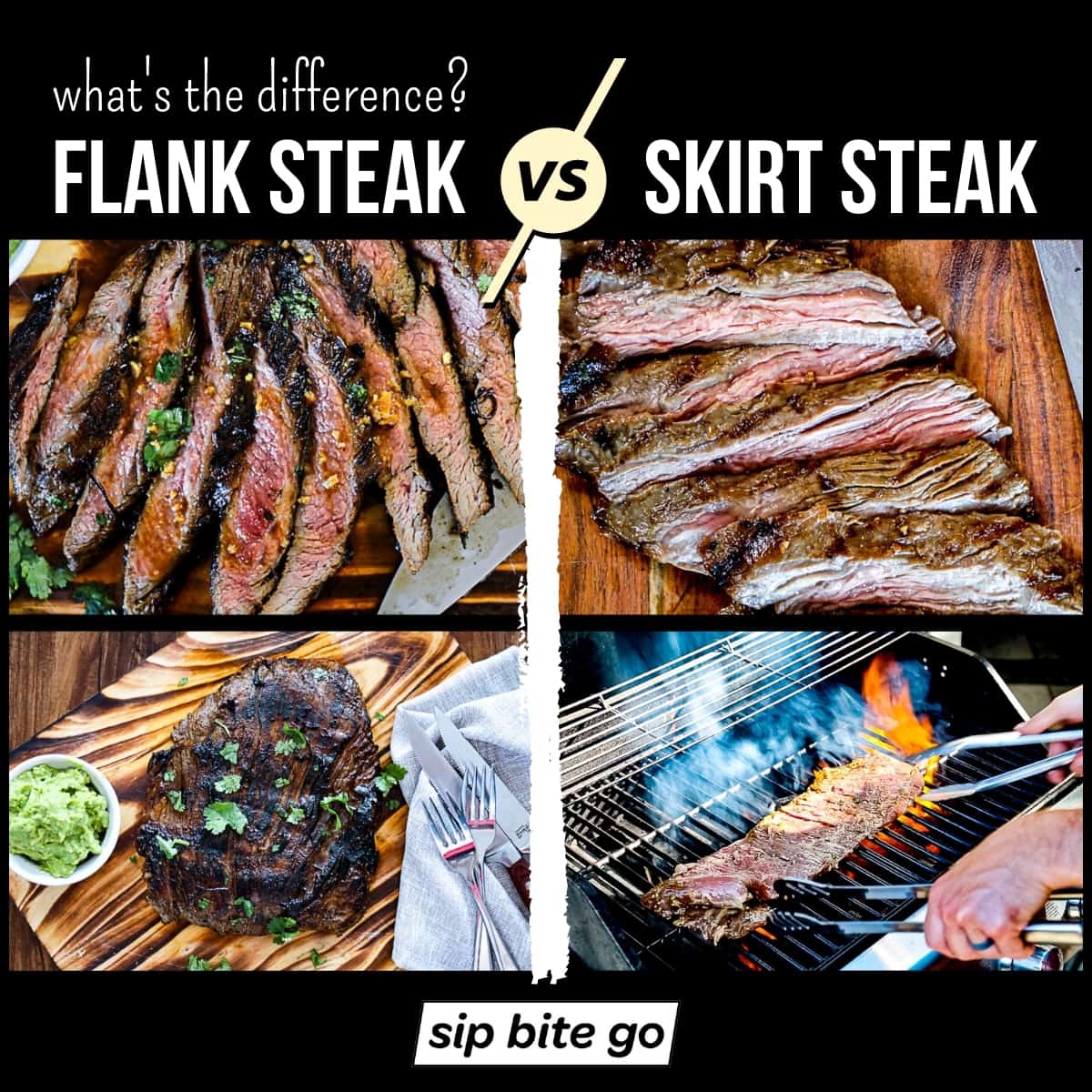 Infographic demonstrating Skirt Steak Vs Flank Steak with captions and grill images.