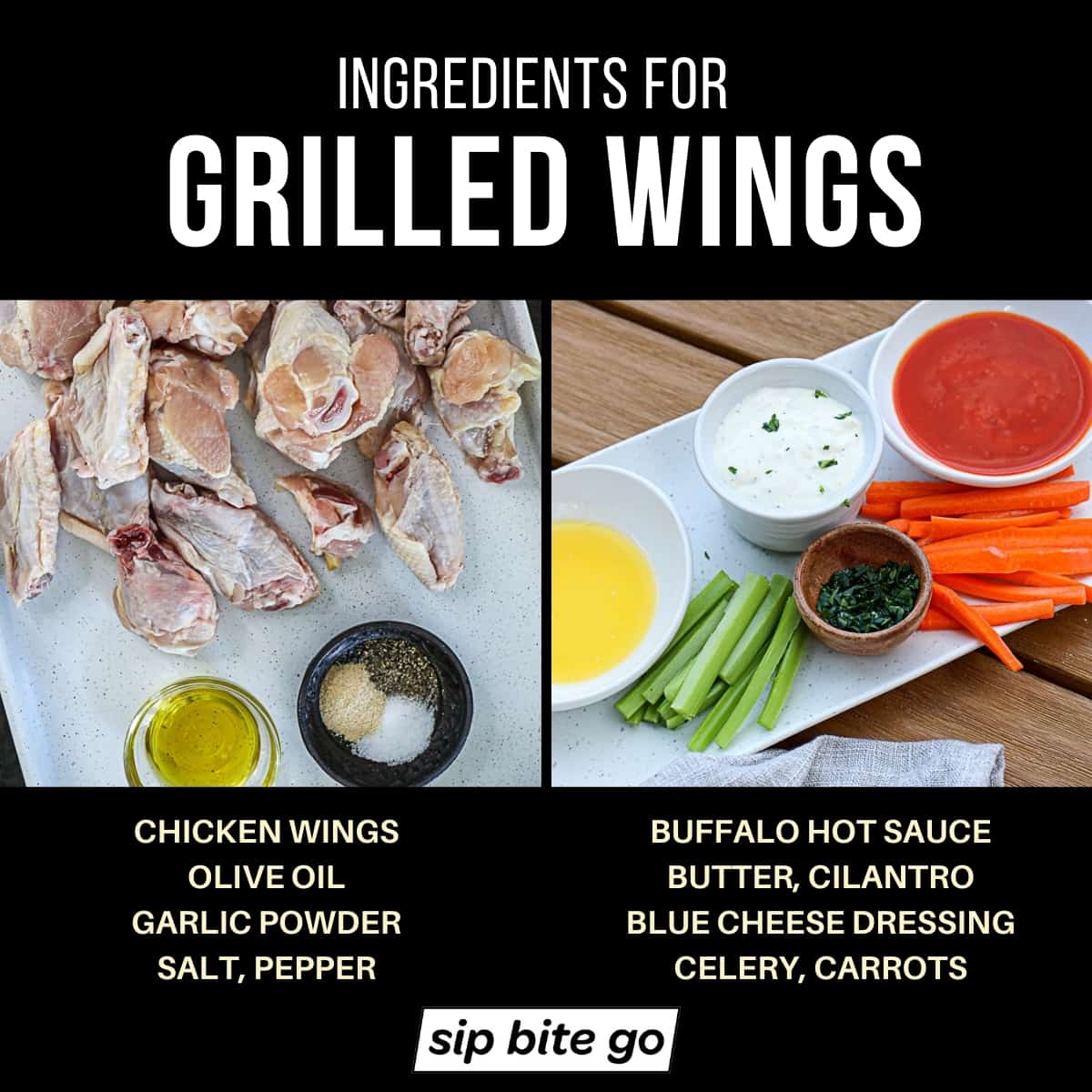 Ingredients for grilled chicken wings with buffalo hot sauce.