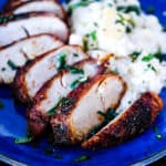 Juicy tender Air Fryer Turkey Breast with dry rub seasoning with thanksgiving side mashed potatoes.